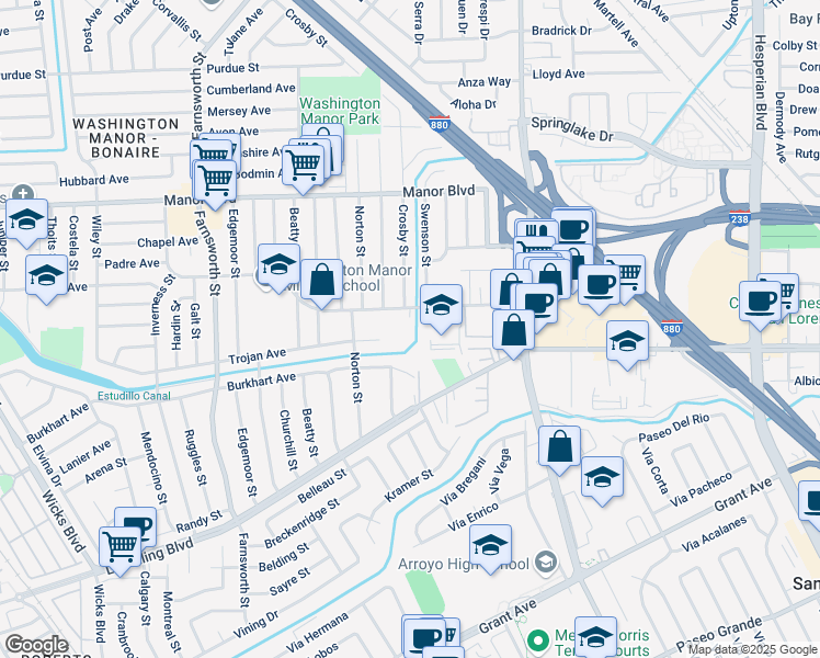 map of restaurants, bars, coffee shops, grocery stores, and more near 868 Fargo Avenue in San Leandro