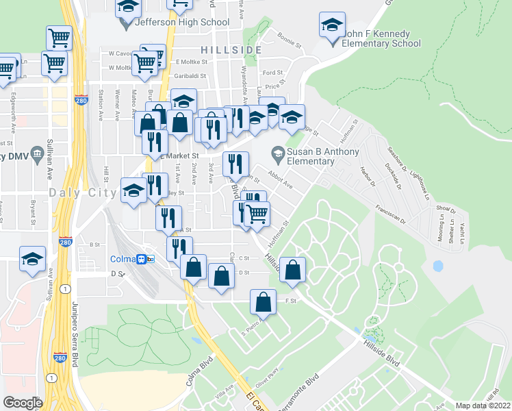 map of restaurants, bars, coffee shops, grocery stores, and more near 570 Sylvan Street in Daly City