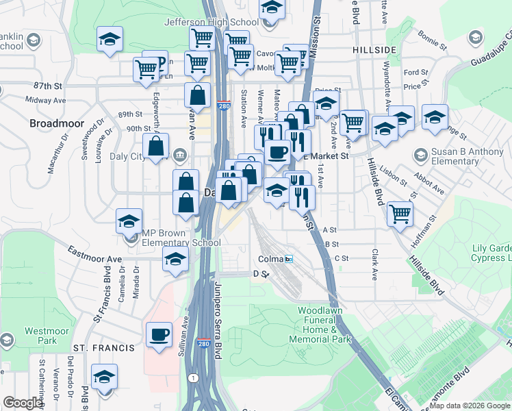 map of restaurants, bars, coffee shops, grocery stores, and more near 200 San Pedro Road in Daly City