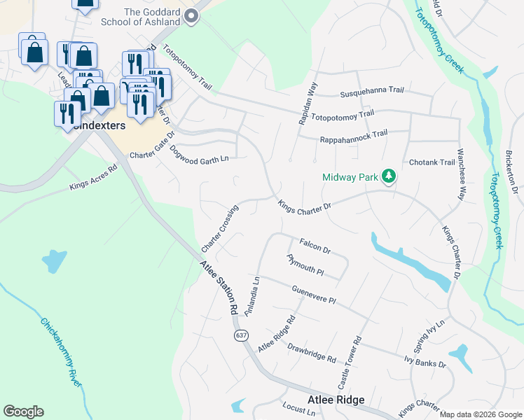 map of restaurants, bars, coffee shops, grocery stores, and more near 10287 Still Spring Court in Mechanicsville