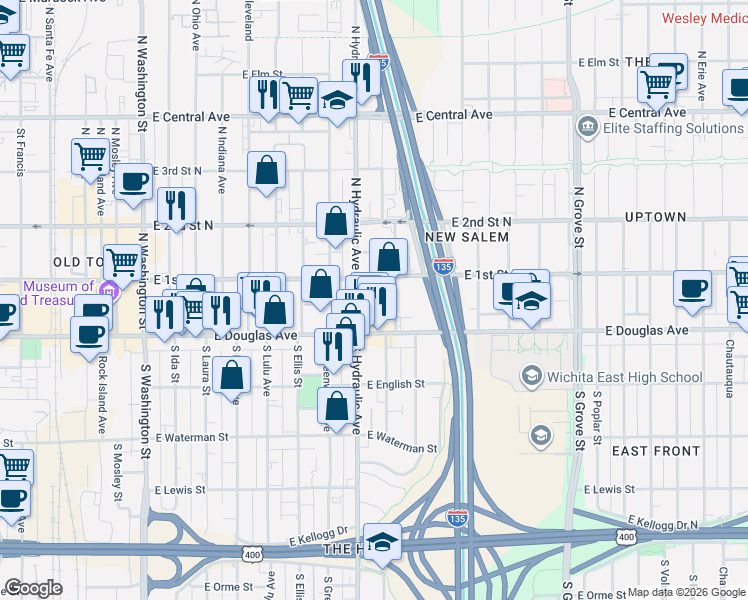 map of restaurants, bars, coffee shops, grocery stores, and more near 140 North Hydraulic Avenue in Wichita