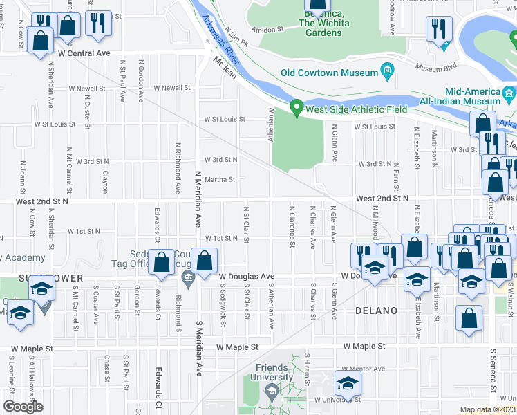 map of restaurants, bars, coffee shops, grocery stores, and more near 2226 West 2nd Street North in Wichita