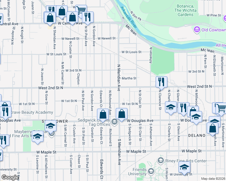 map of restaurants, bars, coffee shops, grocery stores, and more near 258 Richmond North in Wichita