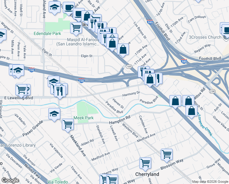 map of restaurants, bars, coffee shops, grocery stores, and more near 793 East Lewelling Boulevard in Hayward