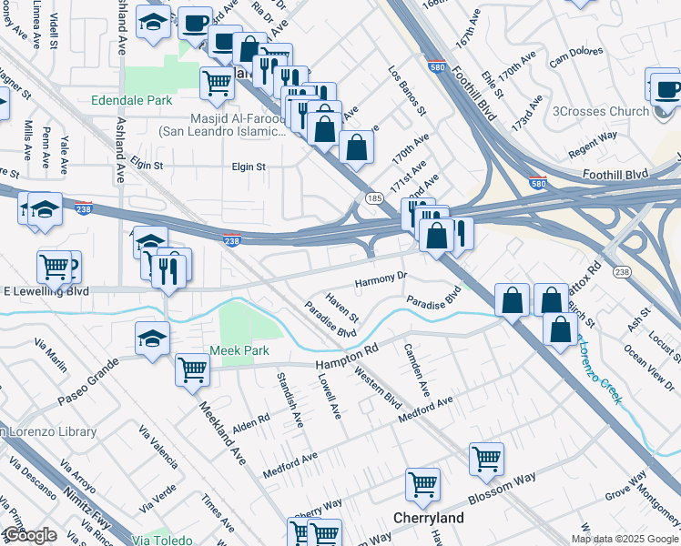 map of restaurants, bars, coffee shops, grocery stores, and more near 817 East Lewelling Boulevard in Hayward