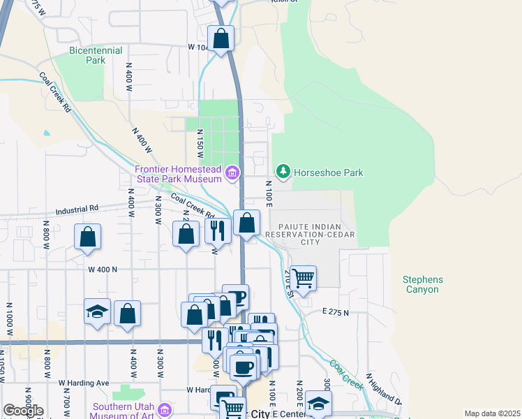 map of restaurants, bars, coffee shops, grocery stores, and more near 565 North 100 East in Cedar City