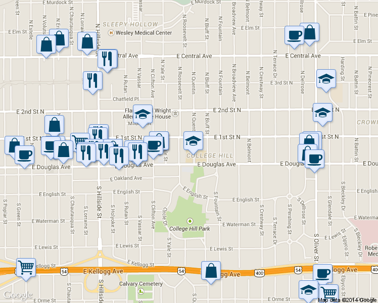 map of restaurants, bars, coffee shops, grocery stores, and more near 124 North Roosevelt Street in Wichita