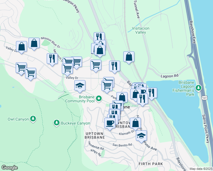 map of restaurants, bars, coffee shops, grocery stores, and more near 180 Park Lane in Brisbane