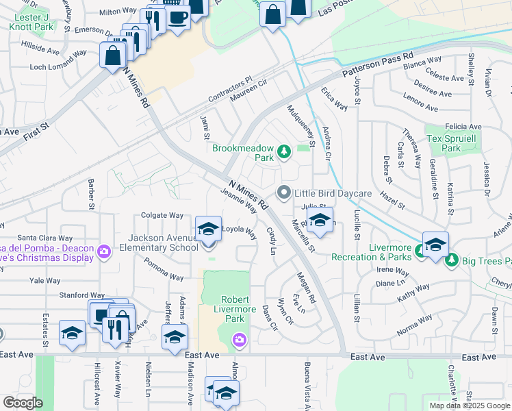map of restaurants, bars, coffee shops, grocery stores, and more near 512 Jeannie Way in Livermore