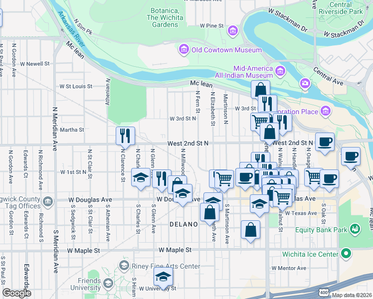 map of restaurants, bars, coffee shops, grocery stores, and more near 255 Millwood North in Wichita