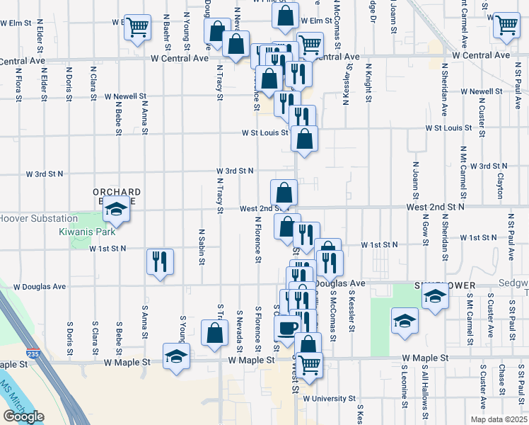 map of restaurants, bars, coffee shops, grocery stores, and more near 274 North Florence Street in Wichita