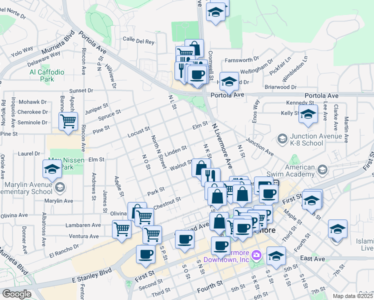 map of restaurants, bars, coffee shops, grocery stores, and more near 597 North L Street in Livermore