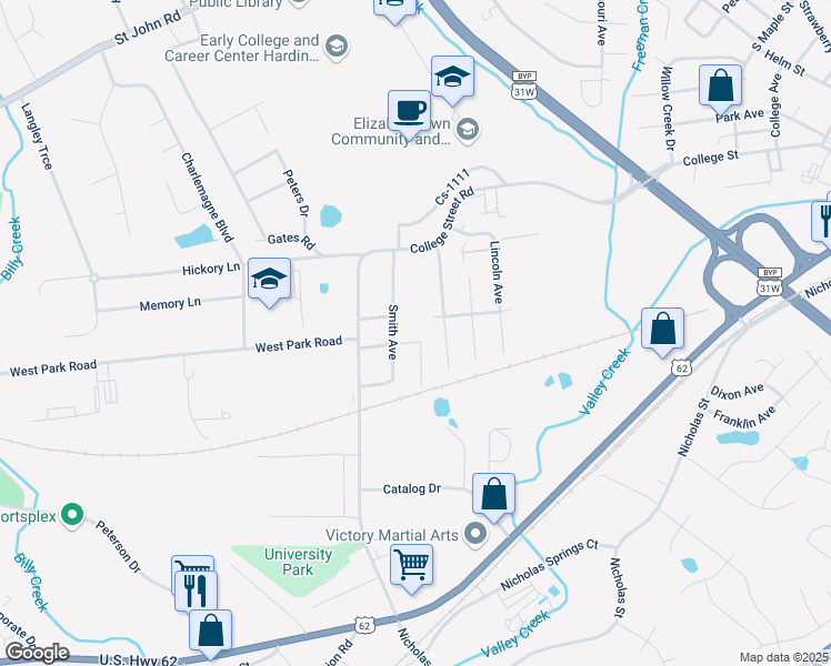 map of restaurants, bars, coffee shops, grocery stores, and more near 415 Tricia Lane in Elizabethtown