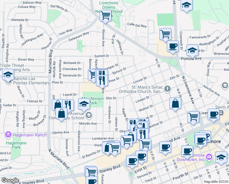 map of restaurants, bars, coffee shops, grocery stores, and more near 1247 Locust Street in Livermore