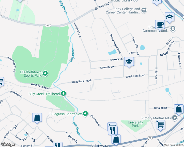 map of restaurants, bars, coffee shops, grocery stores, and more near 610 Langley Trce in Elizabethtown