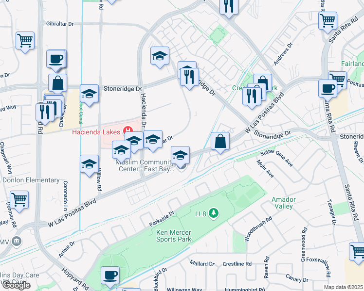 map of restaurants, bars, coffee shops, grocery stores, and more near 5735 West Las Positas Boulevard in Pleasanton