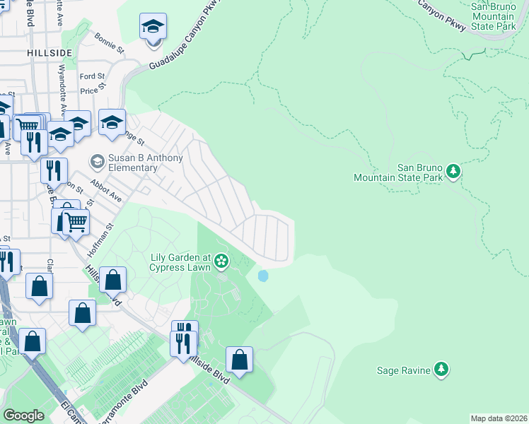 map of restaurants, bars, coffee shops, grocery stores, and more near 23 Shoal Drive in Daly City