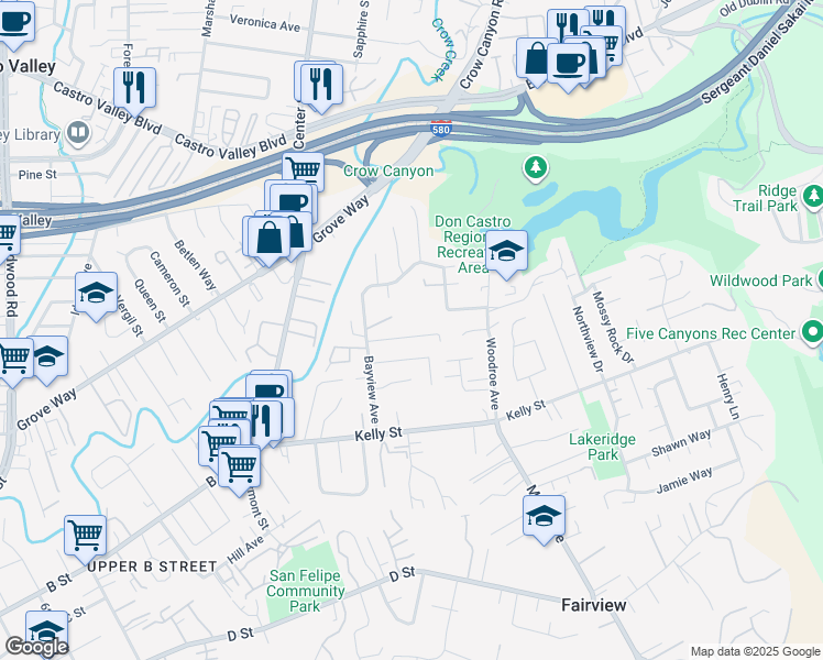 map of restaurants, bars, coffee shops, grocery stores, and more near 2578 Jacobs Street in Hayward