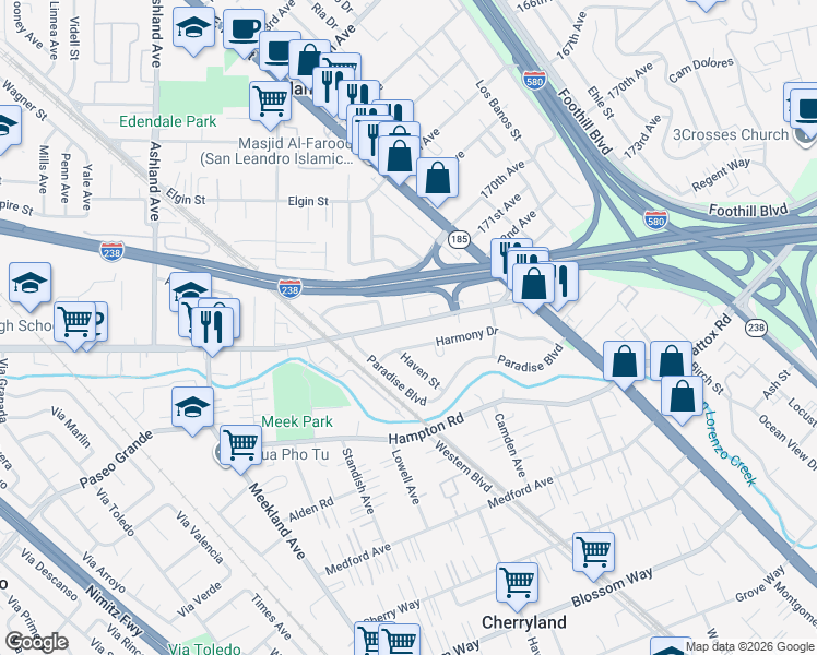 map of restaurants, bars, coffee shops, grocery stores, and more near 793 Morrill Street in Hayward