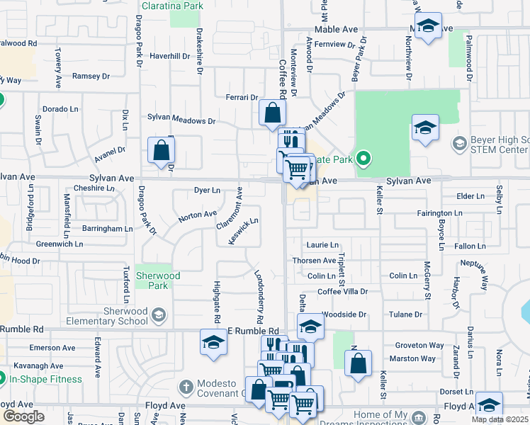 map of restaurants, bars, coffee shops, grocery stores, and more near 3400 Tiffany Lane in Modesto