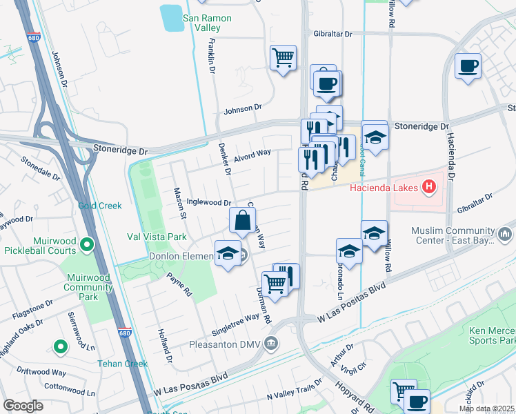 map of restaurants, bars, coffee shops, grocery stores, and more near 6289 Garner Court in Pleasanton