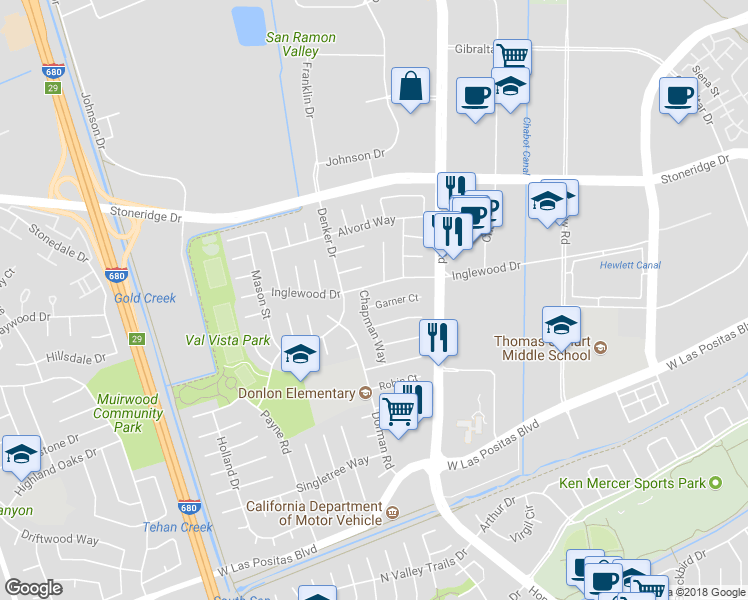map of restaurants, bars, coffee shops, grocery stores, and more near 6289 Garner Court in Pleasanton
