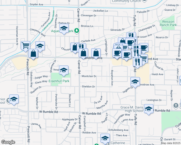 map of restaurants, bars, coffee shops, grocery stores, and more near 3405 Bellevue Drive in Modesto