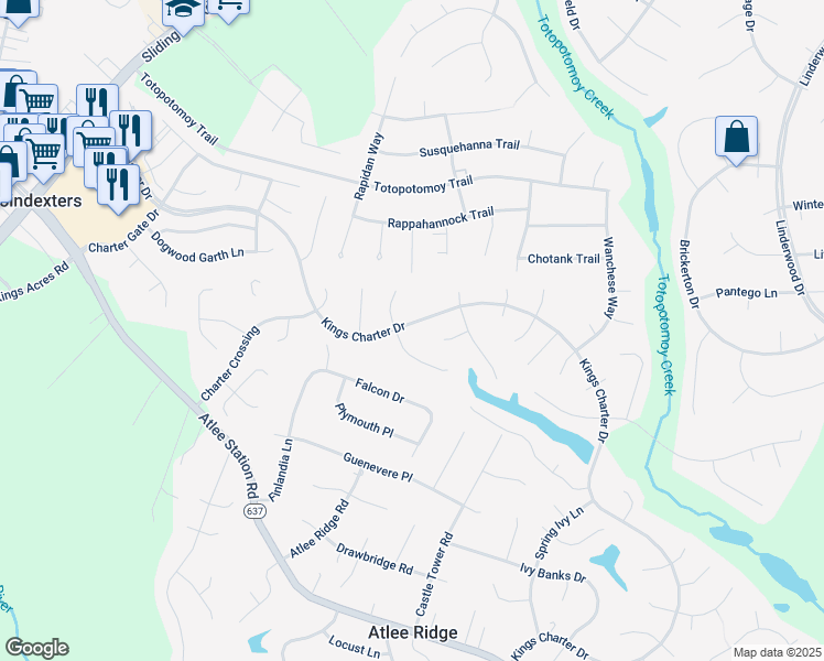 map of restaurants, bars, coffee shops, grocery stores, and more near 9333 Kings Charter Drive in Mechanicsville