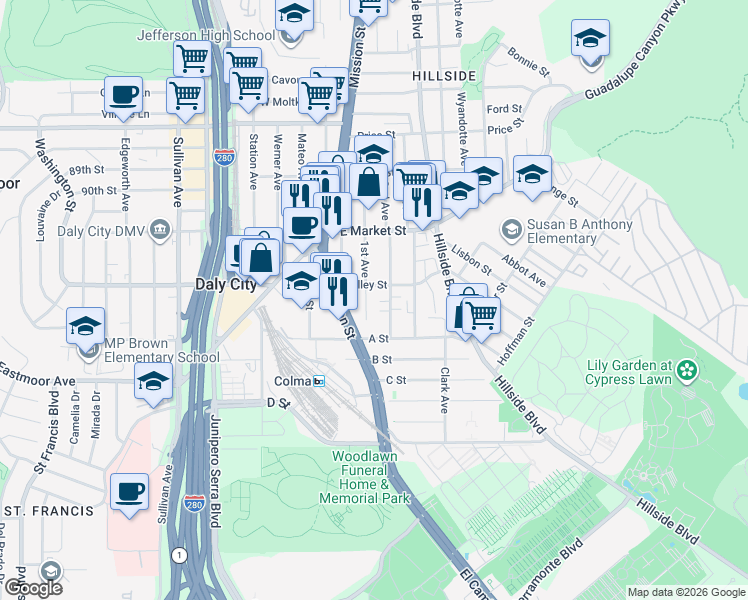 map of restaurants, bars, coffee shops, grocery stores, and more near 325 1st Avenue in Daly City