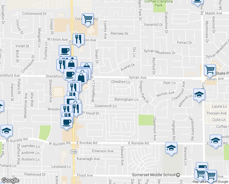 map of restaurants, bars, coffee shops, grocery stores, and more near 3405 Norwich Lane in Modesto