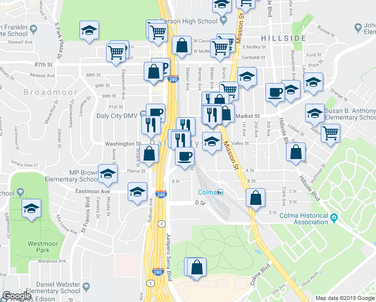 map of restaurants, bars, coffee shops, grocery stores, and more near 200 San Pedro Rd in Daly City
