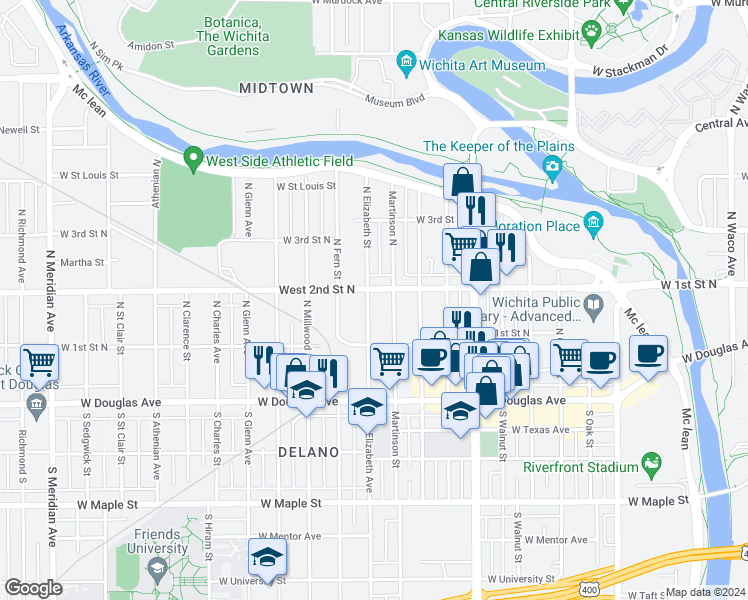 map of restaurants, bars, coffee shops, grocery stores, and more near 250 North Elizabeth Street in Wichita