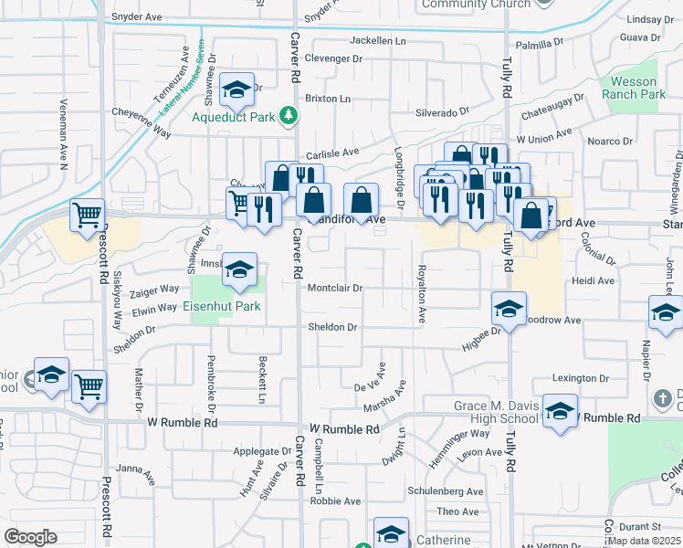 map of restaurants, bars, coffee shops, grocery stores, and more near 3405 Bellevue Drive in Modesto