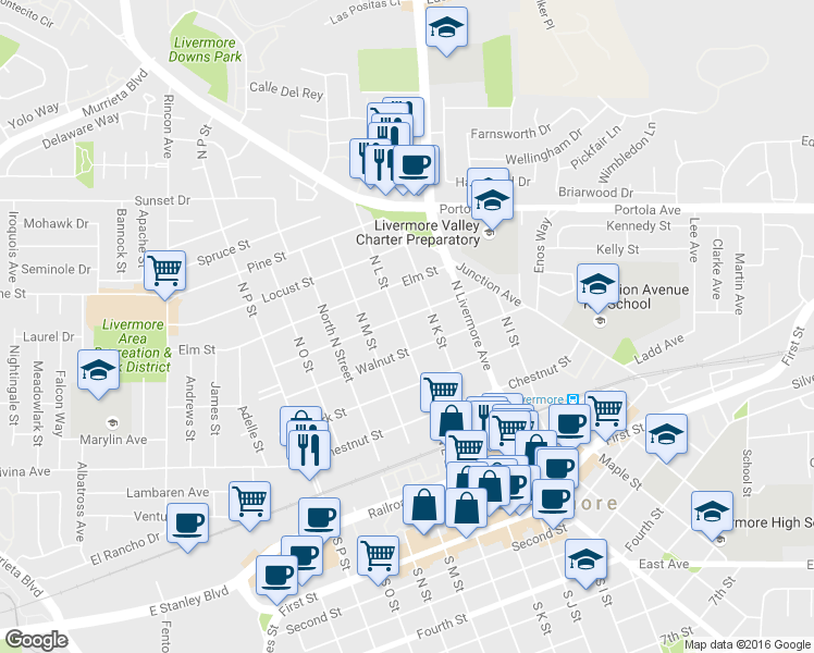 map of restaurants, bars, coffee shops, grocery stores, and more near 597 North L Street in Livermore