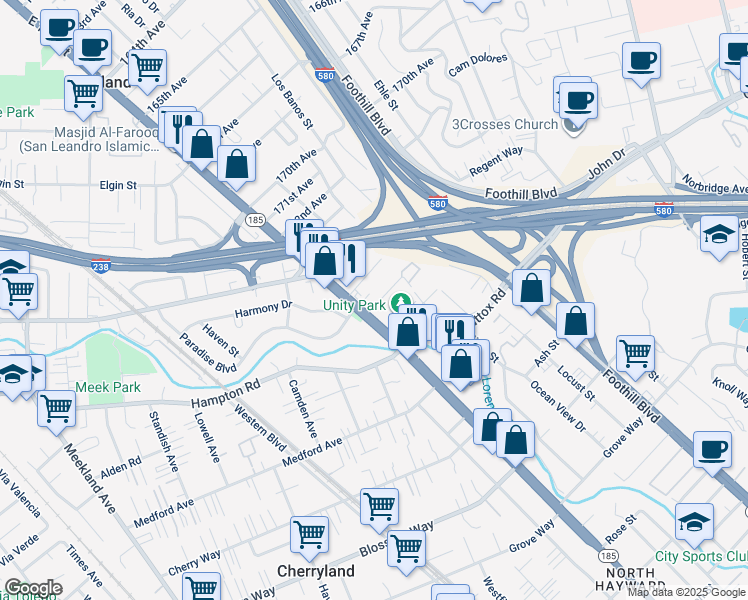 map of restaurants, bars, coffee shops, grocery stores, and more near 1069 Gilbert Street in Hayward