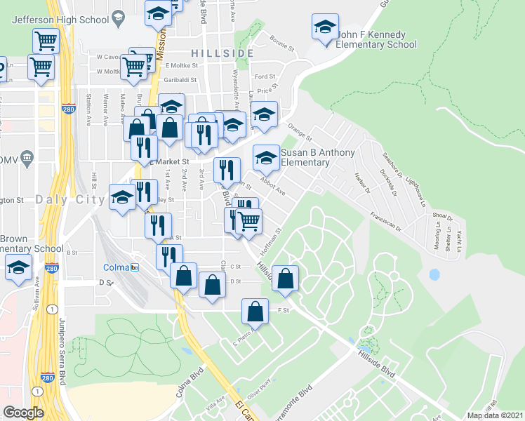 map of restaurants, bars, coffee shops, grocery stores, and more near in San Mateo County