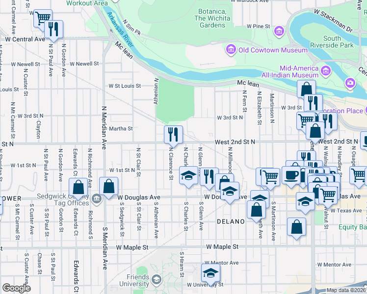 map of restaurants, bars, coffee shops, grocery stores, and more near 256 North Clarence Street in Wichita