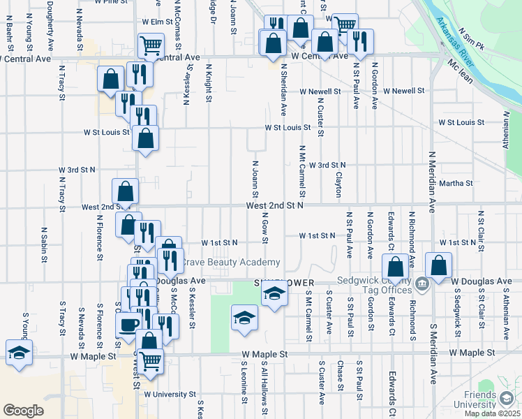 map of restaurants, bars, coffee shops, grocery stores, and more near 250 North Gow Street in Wichita