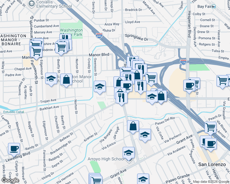 map of restaurants, bars, coffee shops, grocery stores, and more near 660 Fargo Avenue in San Leandro
