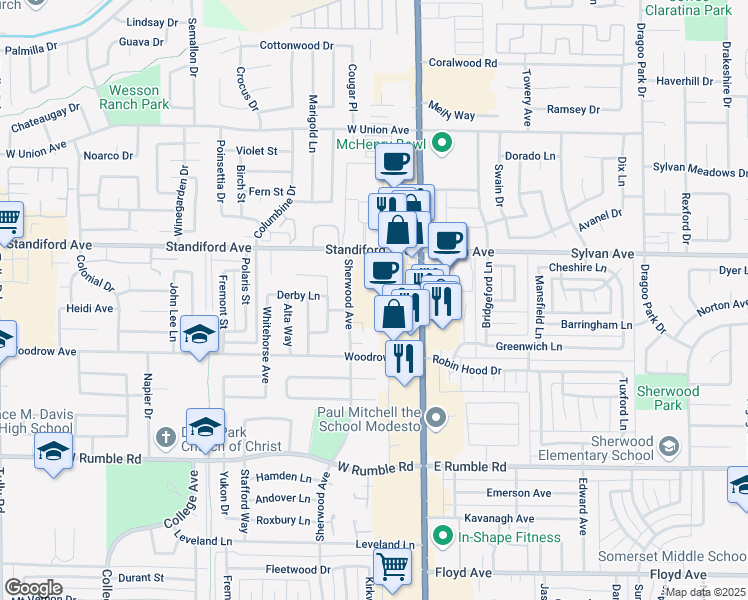 map of restaurants, bars, coffee shops, grocery stores, and more near 3405 McHenry Avenue in Modesto