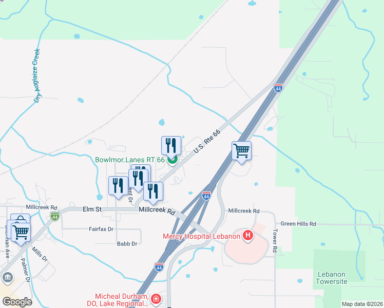 map of restaurants, bars, coffee shops, grocery stores, and more near 1409 East Seminole Avenue in Lebanon