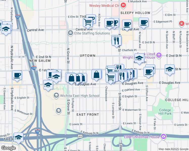 map of restaurants, bars, coffee shops, grocery stores, and more near 136 Volutsia in Wichita