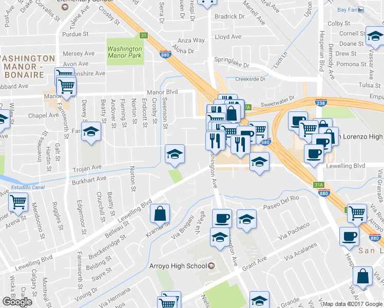 map of restaurants, bars, coffee shops, grocery stores, and more near 660 Fargo Avenue in San Leandro
