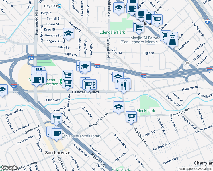 map of restaurants, bars, coffee shops, grocery stores, and more near 16623 Ashland Avenue in San Lorenzo