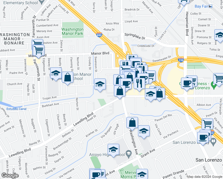 map of restaurants, bars, coffee shops, grocery stores, and more near 660 Fargo Avenue in San Leandro