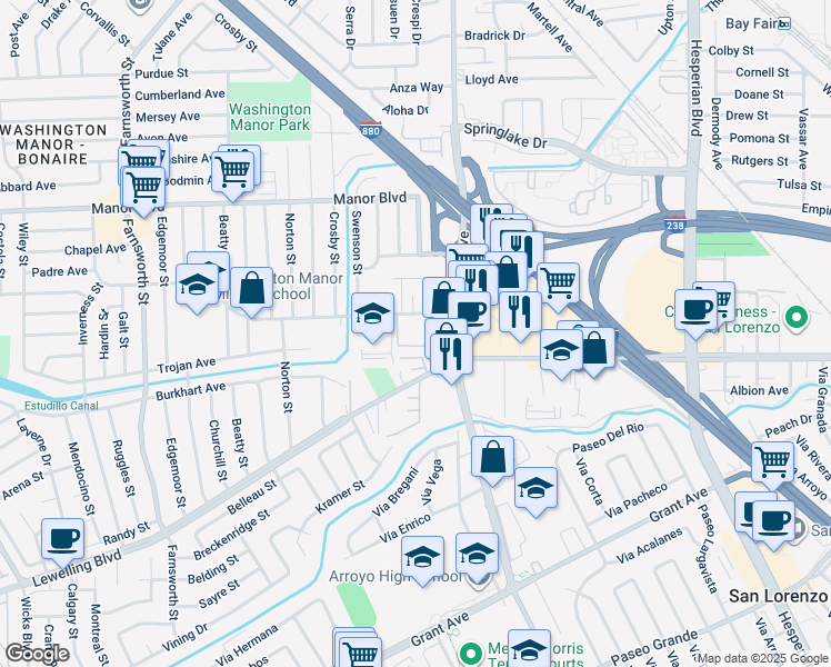 map of restaurants, bars, coffee shops, grocery stores, and more near 700 Fargo Avenue in San Leandro