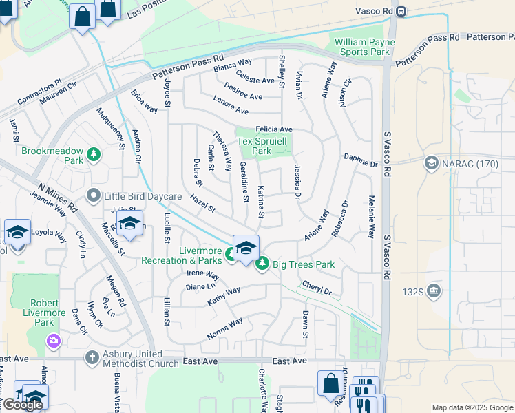 map of restaurants, bars, coffee shops, grocery stores, and more near 805 Katrina Street in Livermore