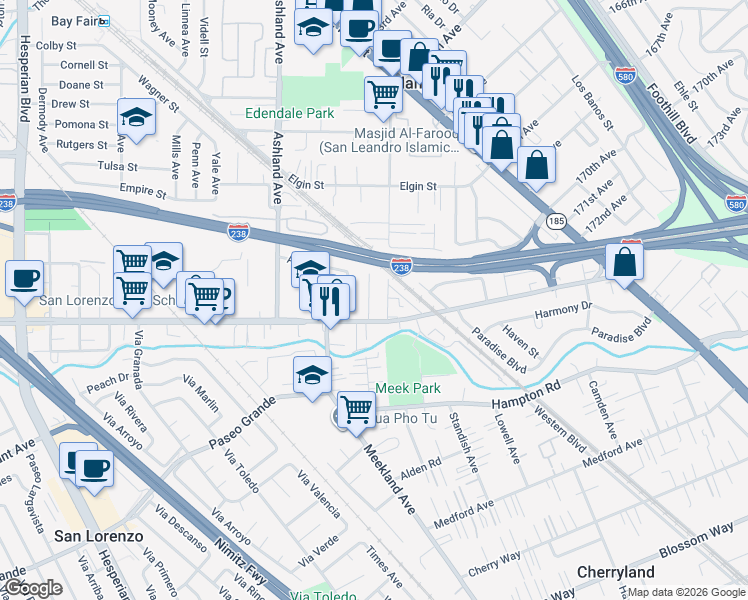map of restaurants, bars, coffee shops, grocery stores, and more near 16834 Bar Avenue in San Lorenzo