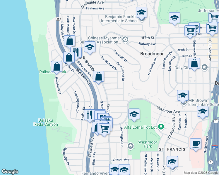 map of restaurants, bars, coffee shops, grocery stores, and more near 66 Westfield Avenue in Daly City