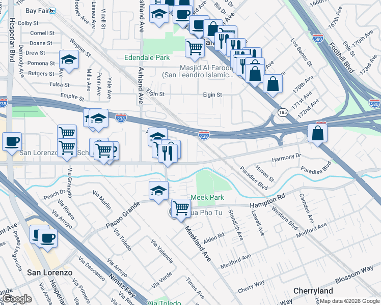 map of restaurants, bars, coffee shops, grocery stores, and more near 16834 Bar Avenue in San Lorenzo